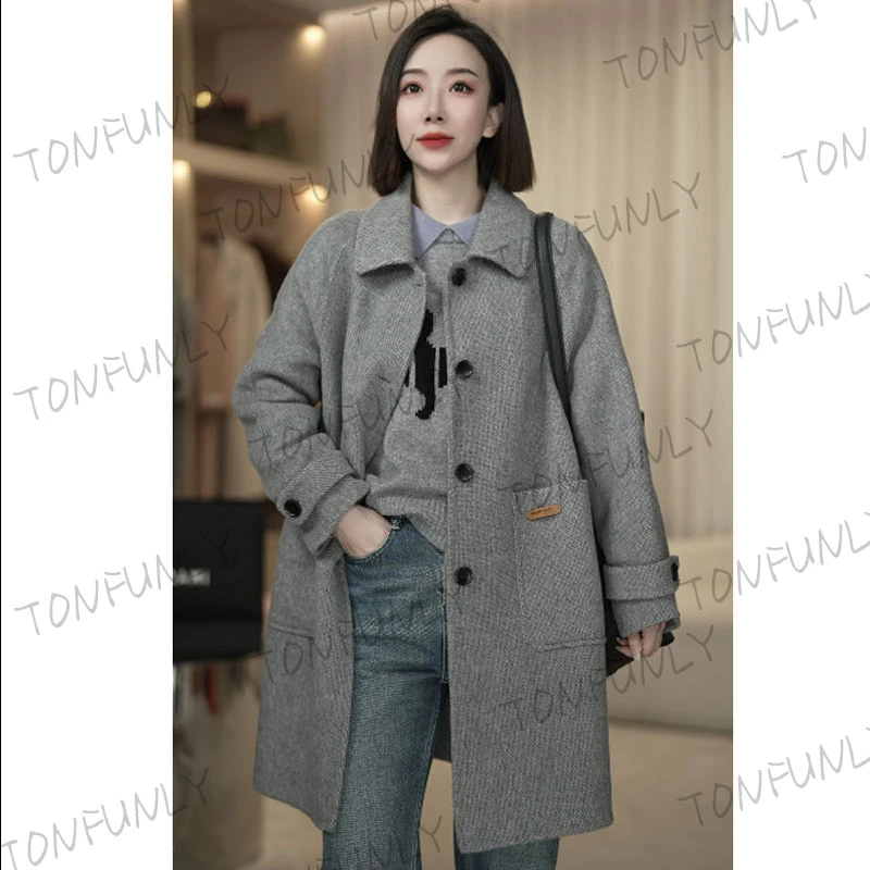 [TONFUNLY]单排扣中长款秋冬新款大衣百搭气质时尚毛呢外套大衣