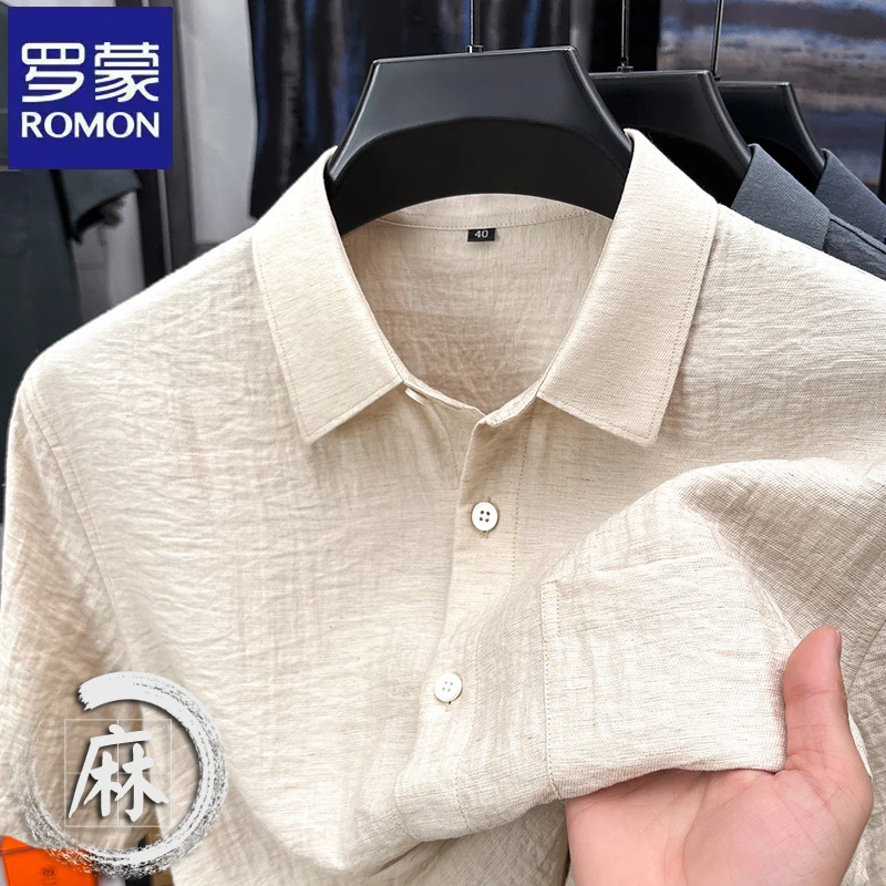 【含亚麻】罗蒙纯色褶皱纹理口袋男士短袖衬衫夏季商务翻领休闲衬衣