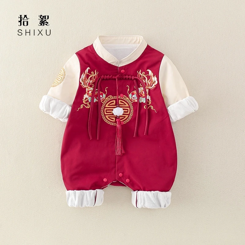 婴儿衣服春装中国风唐装汉服哈衣周岁礼服满月百天外出双层连体衣