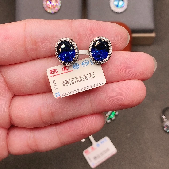 耳饰蓝宝石银S925镶嵌