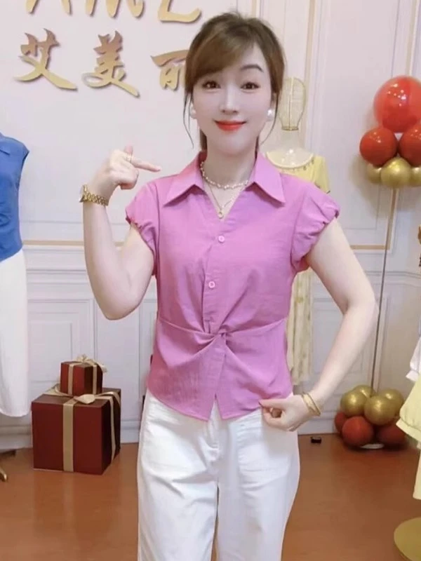 时尚气质韩版短款短袖衬衫女夏季新款收腰小个子百搭扭结衬衣小衫