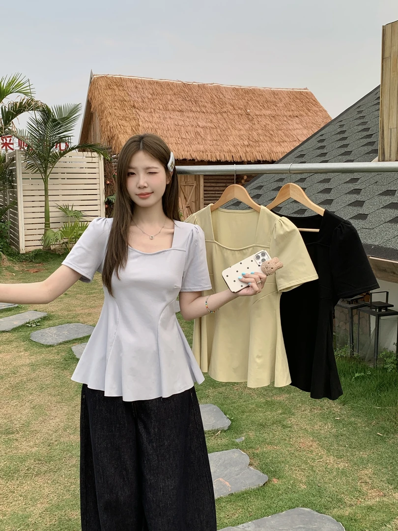 2025夏装新款胖mm大码收腰百褶下摆短袖T恤纯欲方领正肩上衣64582