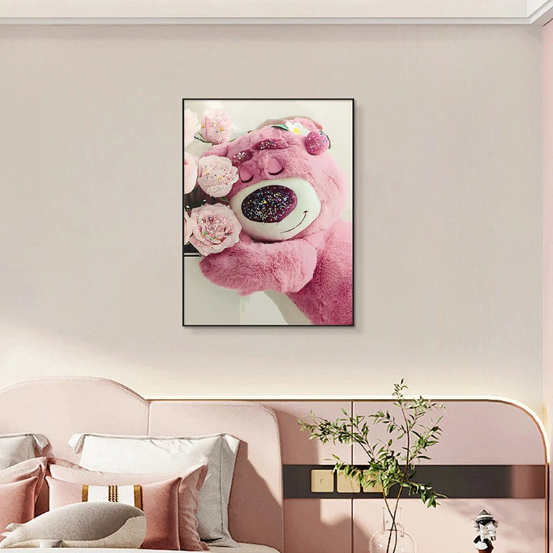 益师傅玄关晶瓷镶钻草莓熊现代轻奢走廊过道客厅装饰画草莓熊6080