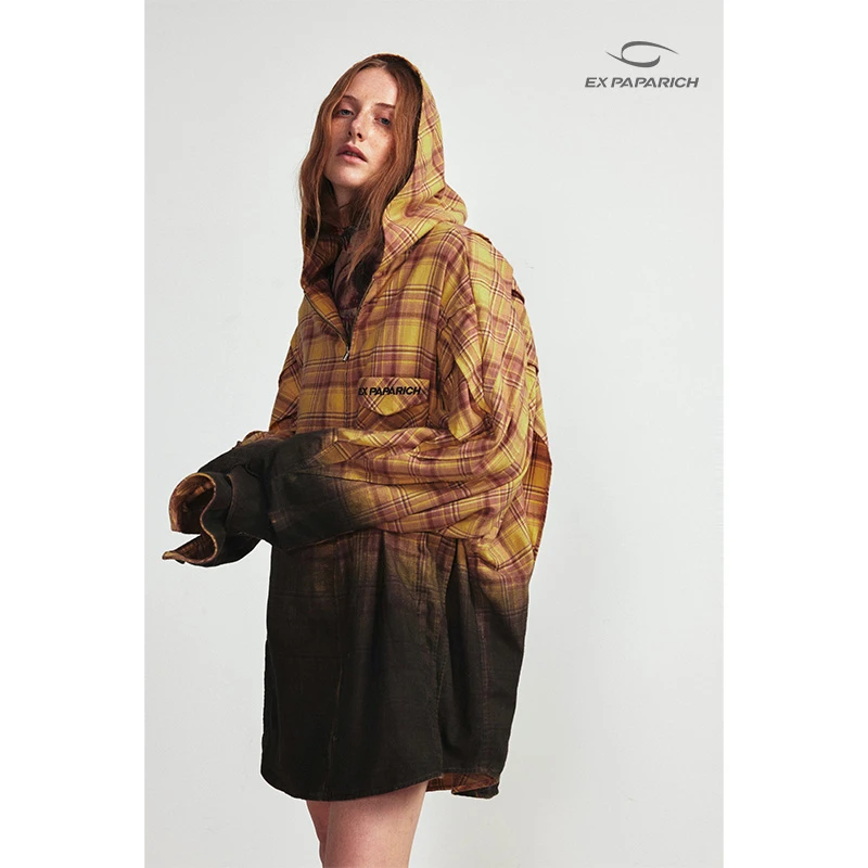 EXPAPARICH  Ginger复古水洗渐变格纹连帽衬衫外套-Overshirt