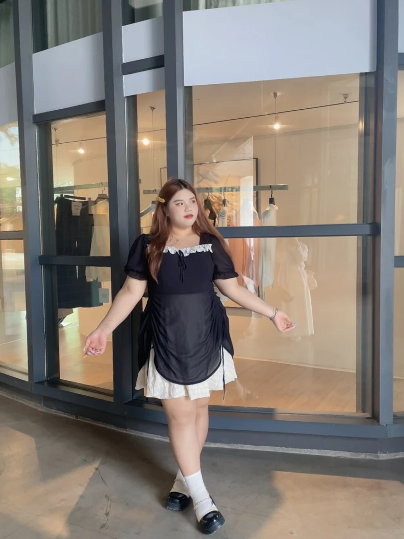【流星舞会】胖MM蓬蓬裙撞色拉链气质少女风连衣裙夏季短裙不规则