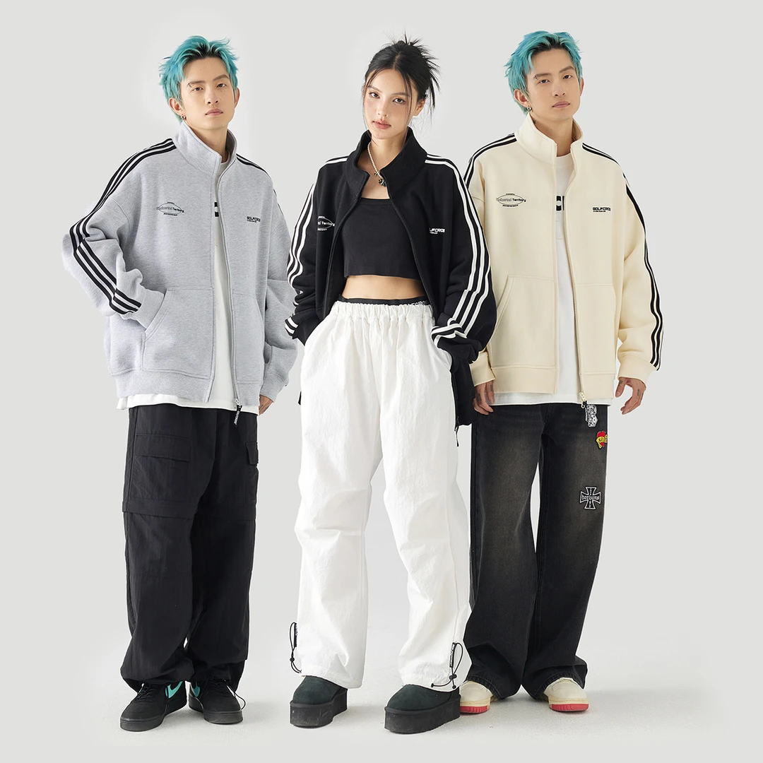 GOLFCROSS经典侧边条纹情侣运动卫衣春秋印花开衫立领卫衣外套