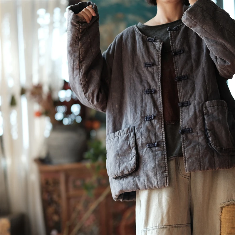 小泥姑娘原创设计文艺复古棉麻手工雪花洗棉衣女2135旧灰