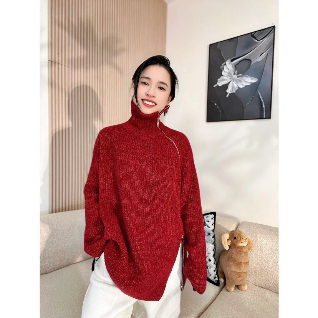 【刘雯同款】斜拉链花纱羊绒衫女秋冬重磅加厚设计师款立领毛衣y36