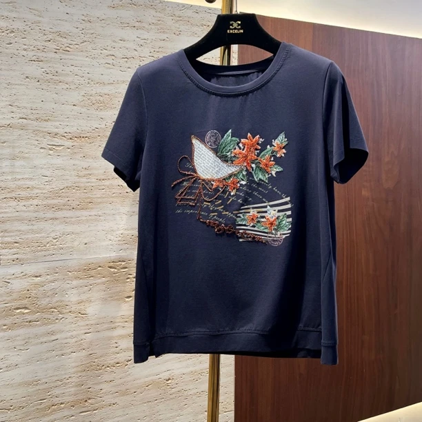 【深蓝旋律重工刺绣短袖V领】夏季时髦显瘦宽松减龄短袖T恤女式上衣