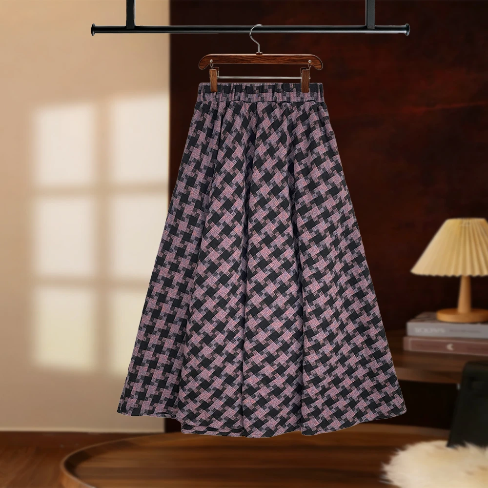 2025秋冬毛呢千鸟格半身裙女高腰显瘦a字中长款D8039