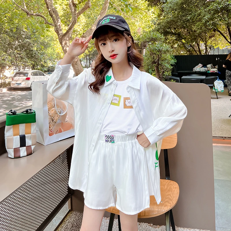女童夏季中长款白色长袖短裤防晒衣儿童宽松洋气时尚中大童上衣