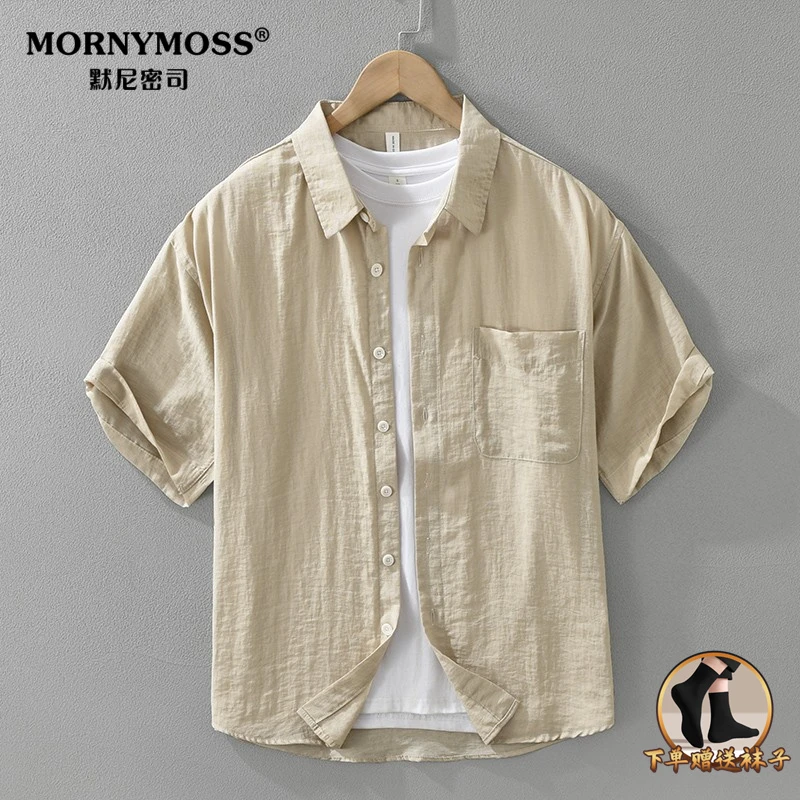 百搭吸汗薄款亚麻衬衫宽松短袖夏季上衣日系休闲透气男士棉麻衬衣