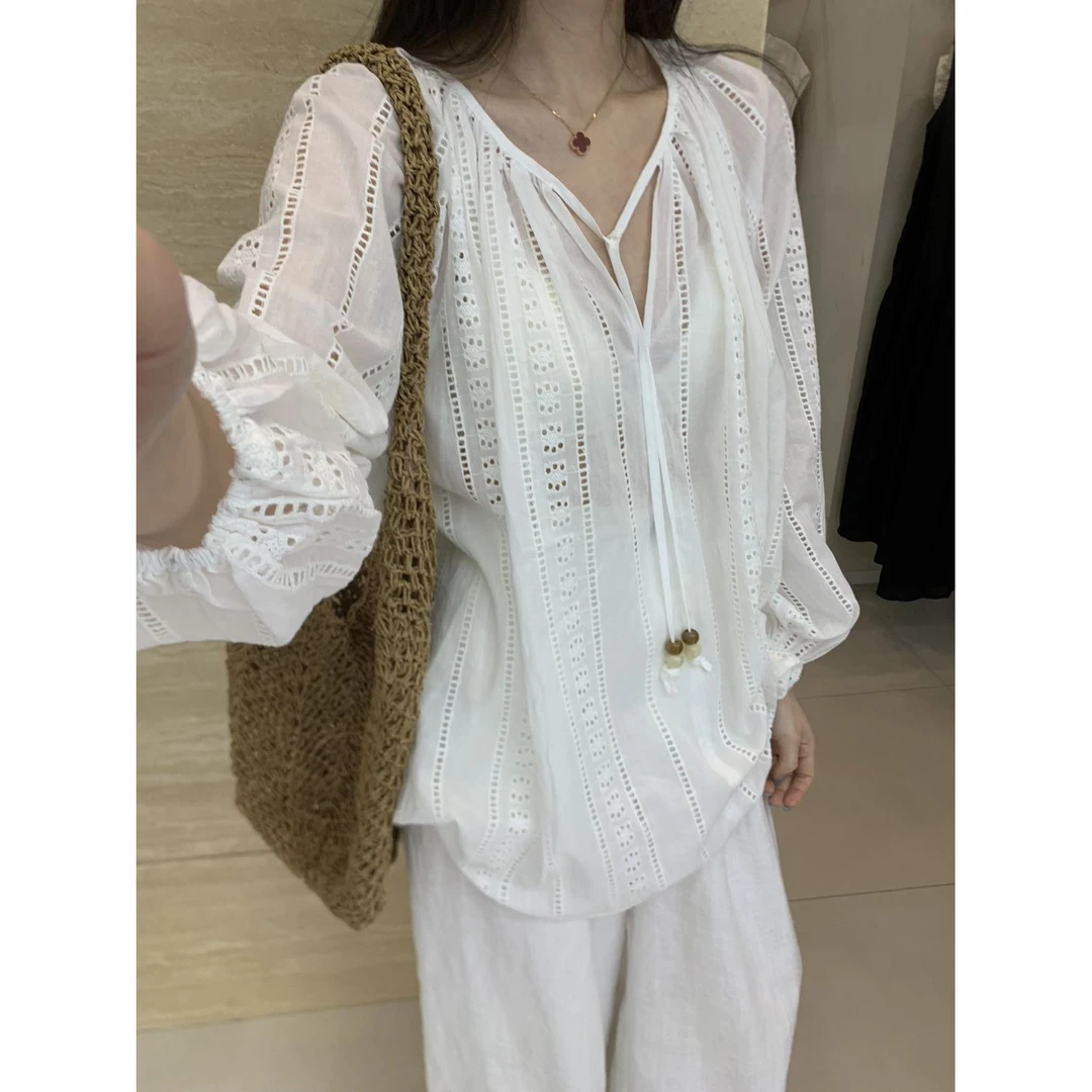 A5297#慵懒随性复古刺绣镂空提花长袖防晒衬衣