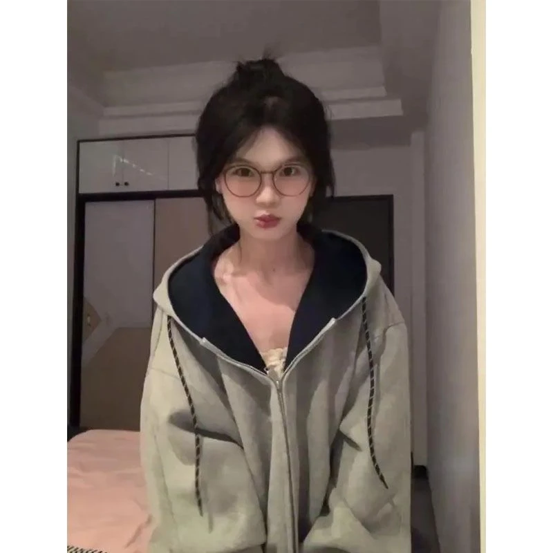 纯棉韩系松弛感连帽开衫卫衣女秋冬宽松百搭慵懒情侣休闲外套上衣
