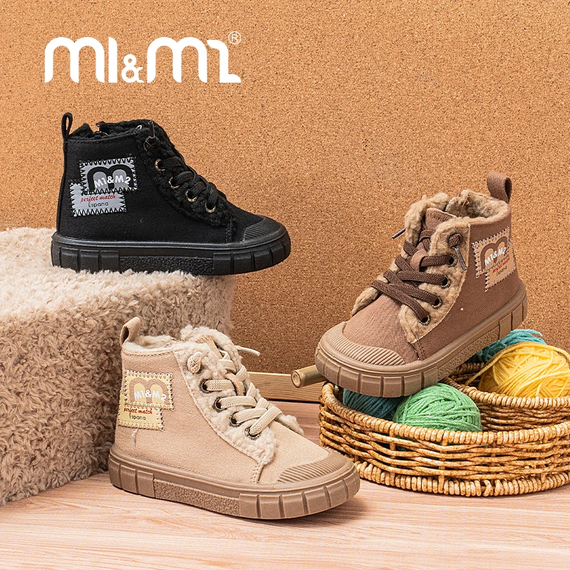 M1&M2儿童布鞋短绒毛侧拉链保暖帆布马丁鞋高帮帆布鞋棉鞋秋冬