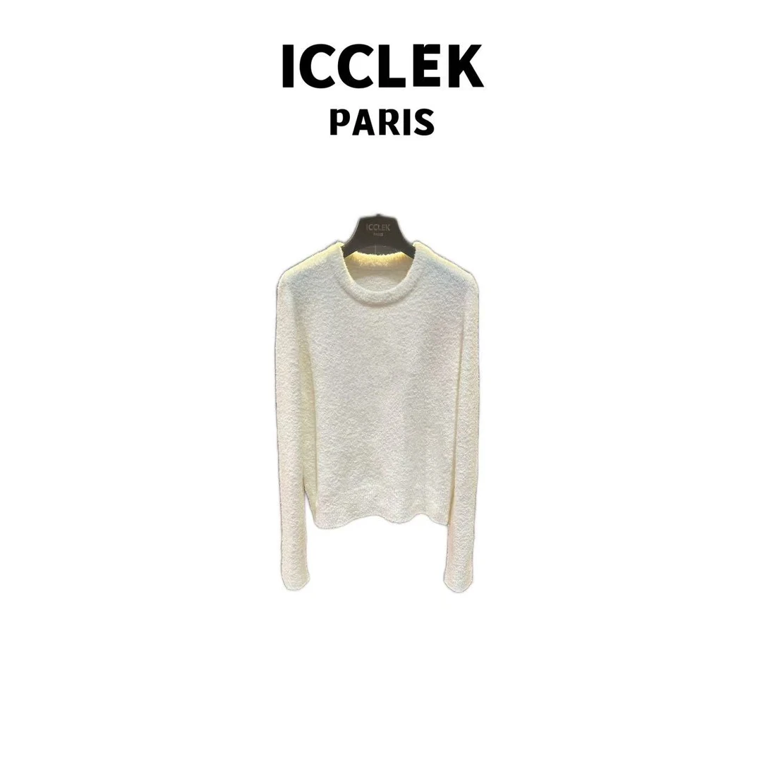ICCLEK 秋冬新款白色五角星圆领长袖针织衫套头轻奢上衣 - 9357