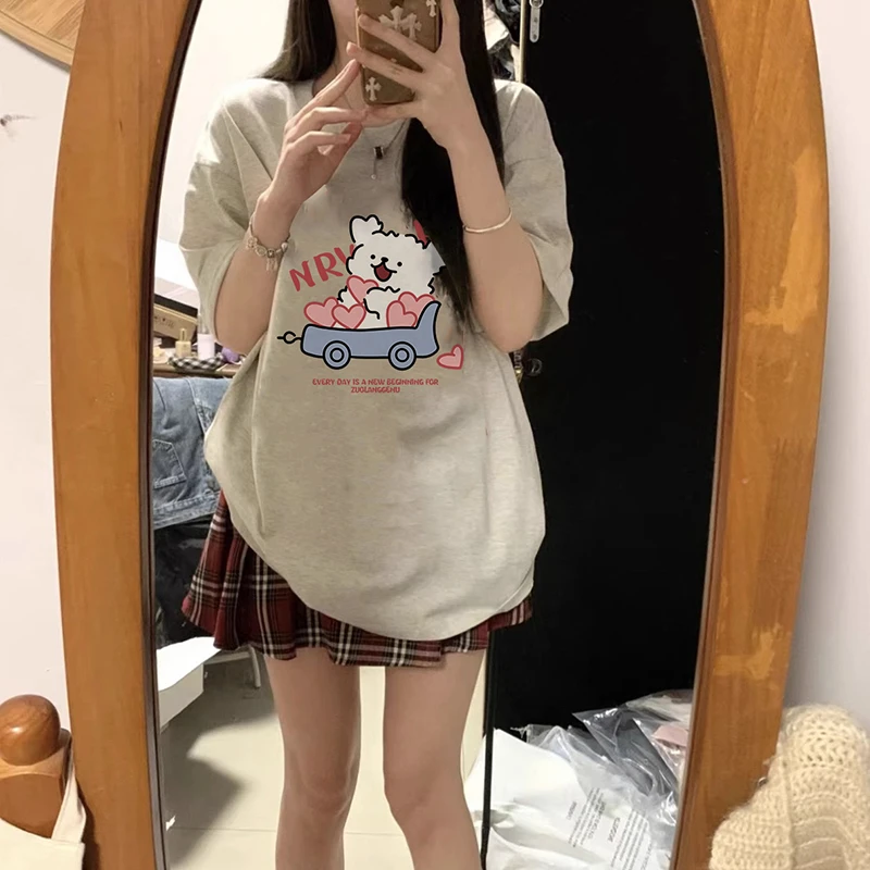 【运补】纯棉220克可爱小狗短袖T恤女花灰色学院风百搭上衣夏季半袖