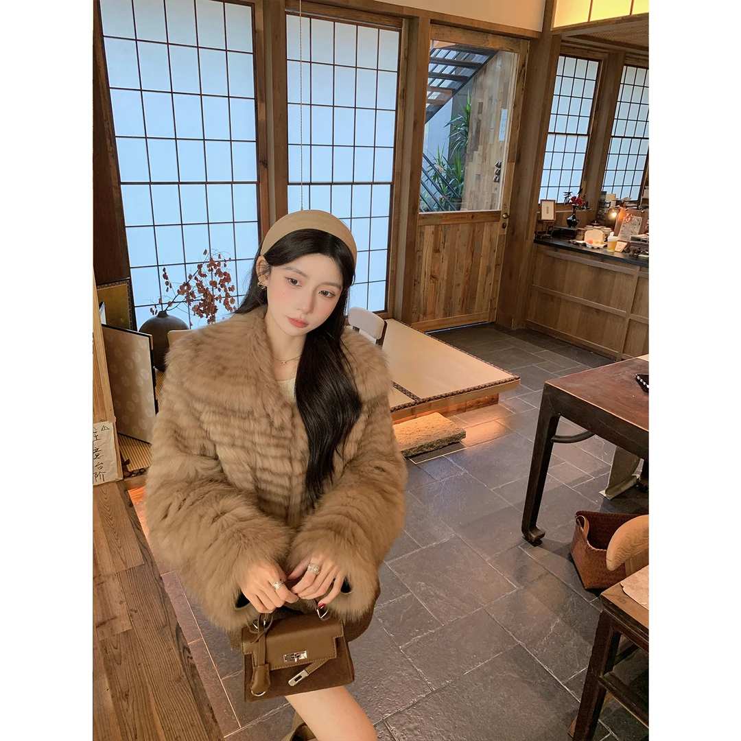 复古风进口狐狸毛皮草外套女短款立领加密车条显瘦2025新款259