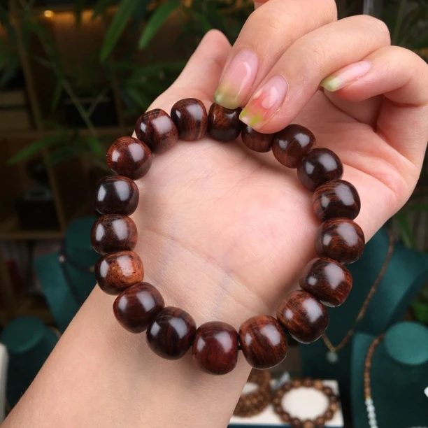 保真天然正品海南黄花梨手串1.2cm老型珠老料紫油梨单圈 送盘玩袋