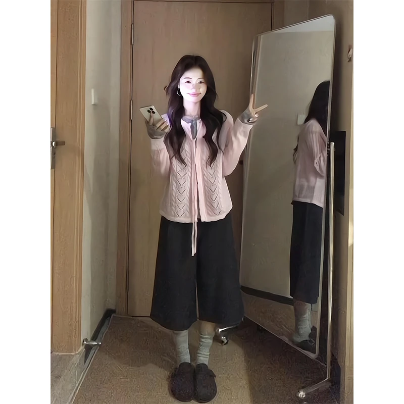 2025新款女士秋季假两件麻花宽松气质设计感针织衫上衣高腰阔腿裤