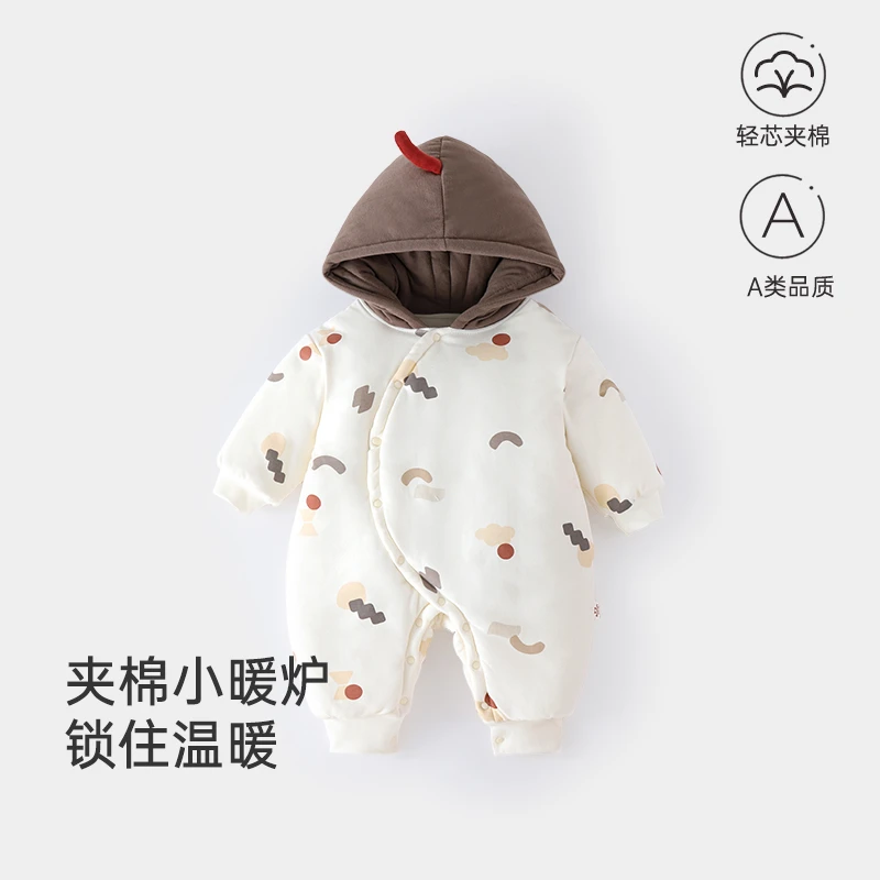 连帽婴儿连体衣夹棉加厚200g冬季宝宝衣服哈衣爬服外出服a类