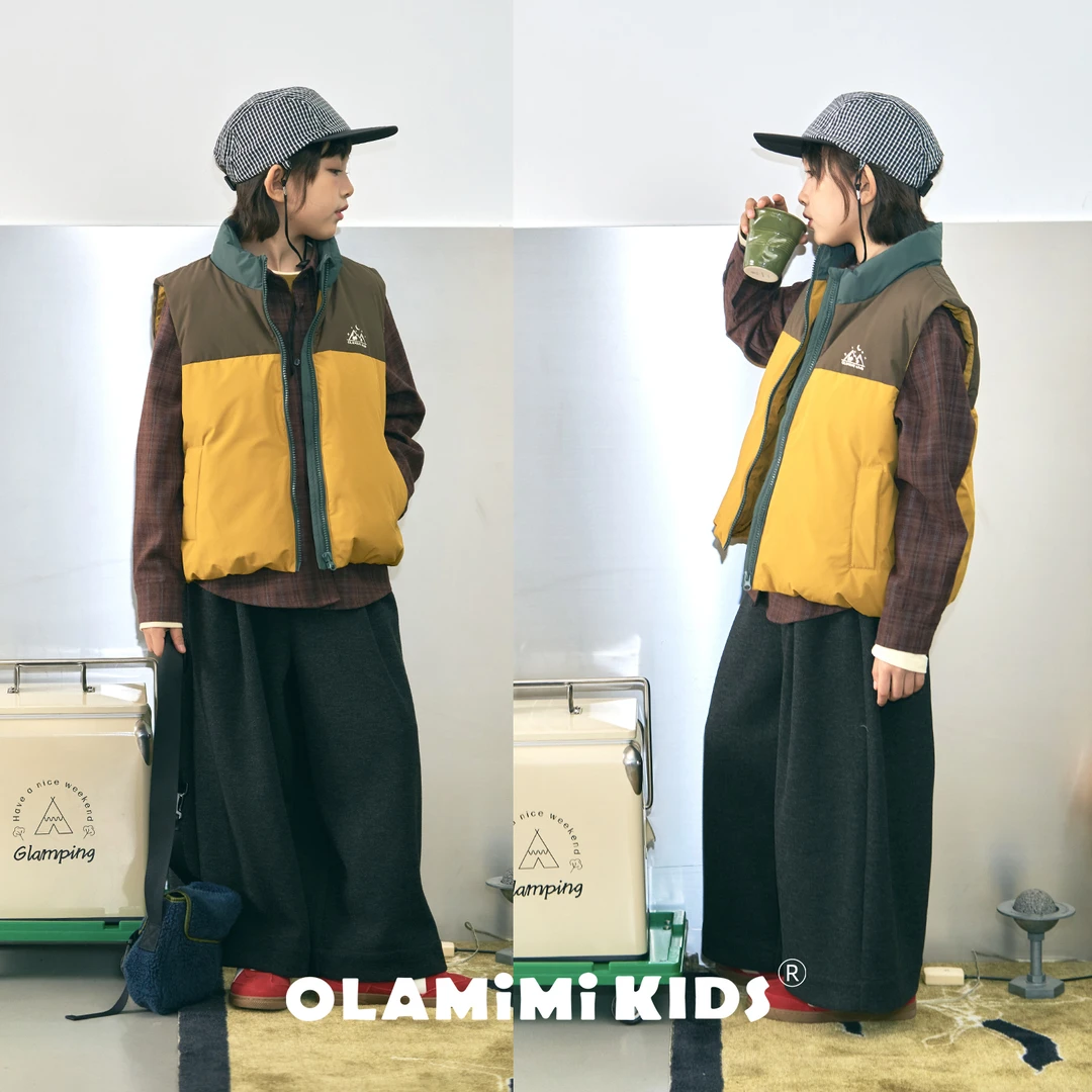 OLAMIMI儿童亲子秋冬复古黄棕撞色拼接户外风保暖白鸭绒羽绒马甲