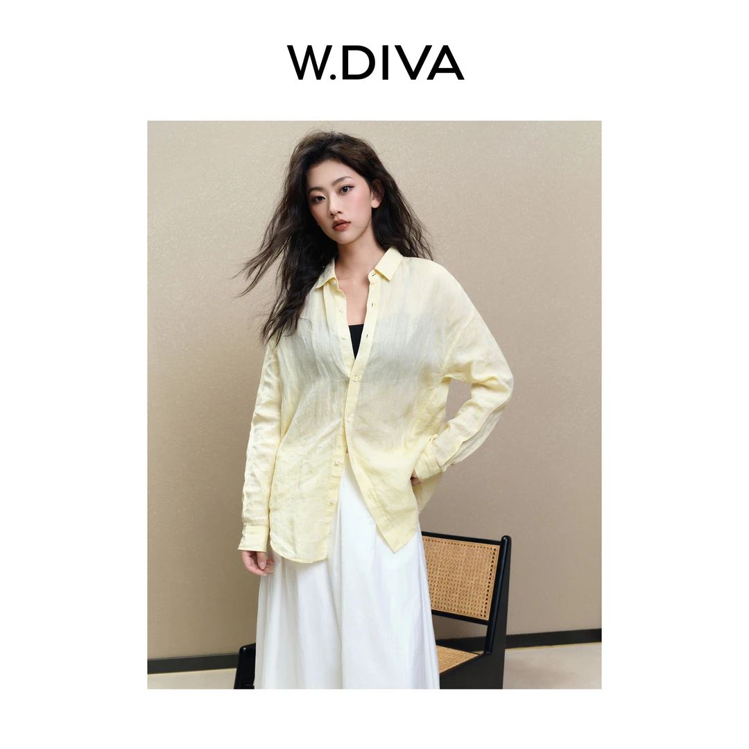 W.Diva【梨花香】春季欧若风黄色100亚麻休闲高织长袖衬衫1SDMYC036