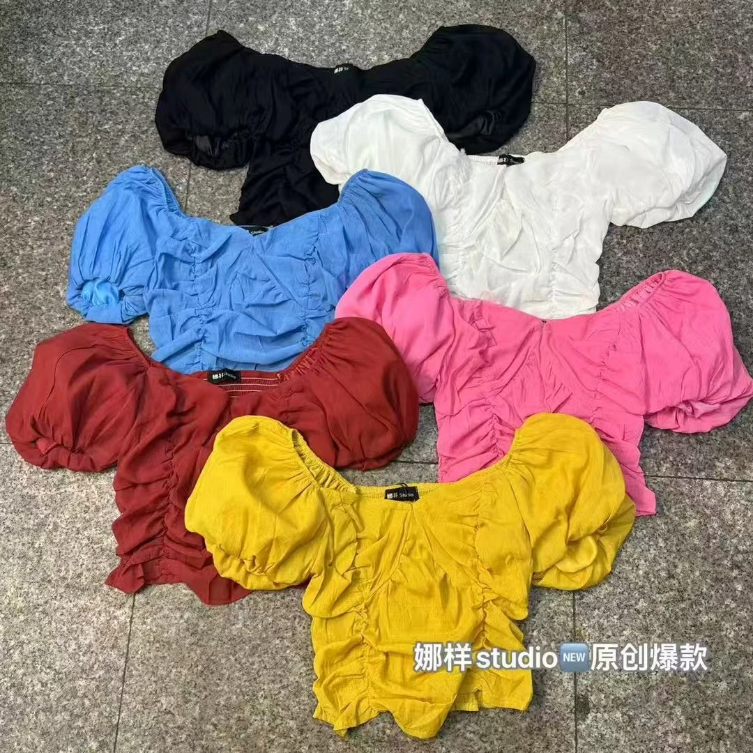 短款夏季夏季韩版方领褶皱衬衫收腰时尚泡泡袖设计感