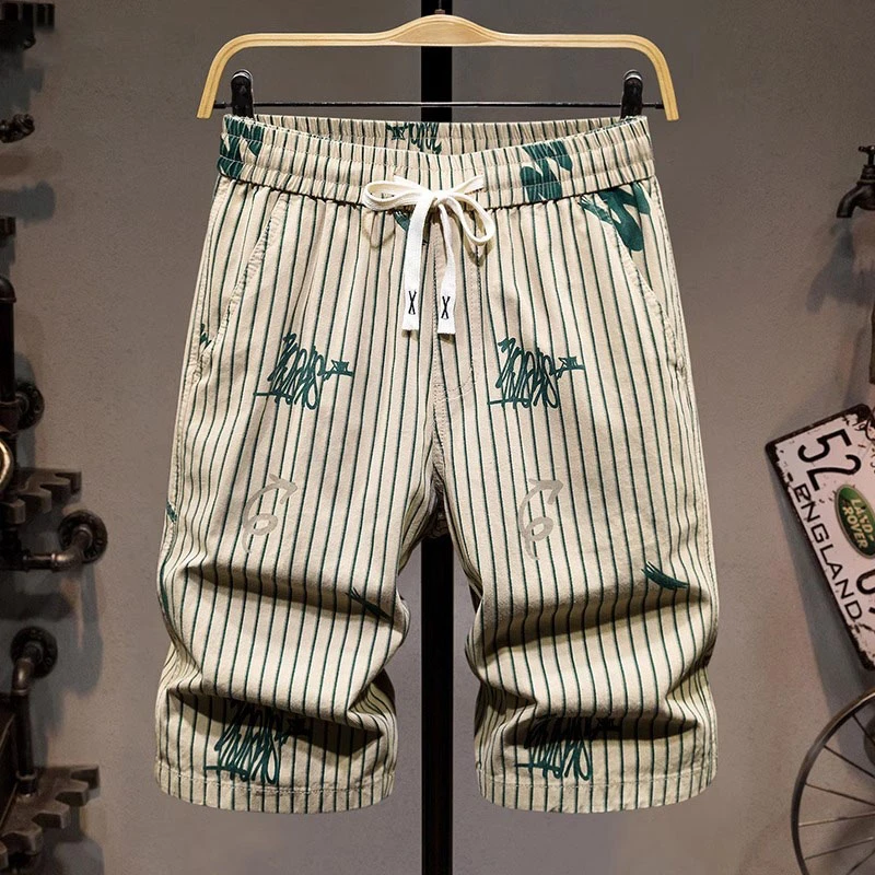 GS印花休闲短裤男纯棉夏季薄款直筒五分裤宽松潮牌青年百搭沙滩裤