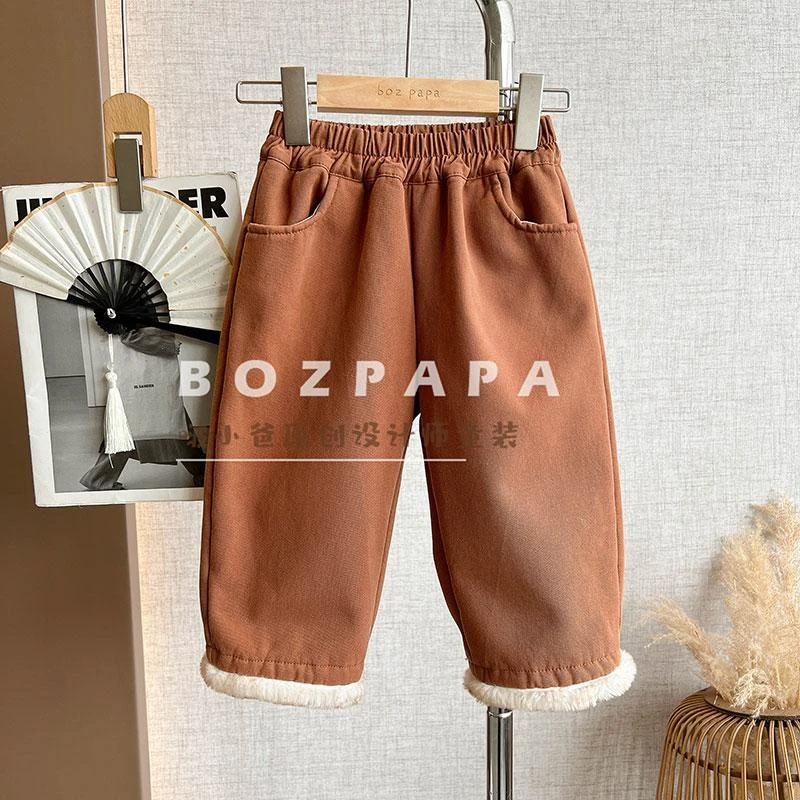 现货【赤土】加绒松紧休闲裤2024新款冬季加厚纯色新中式儿童长裤