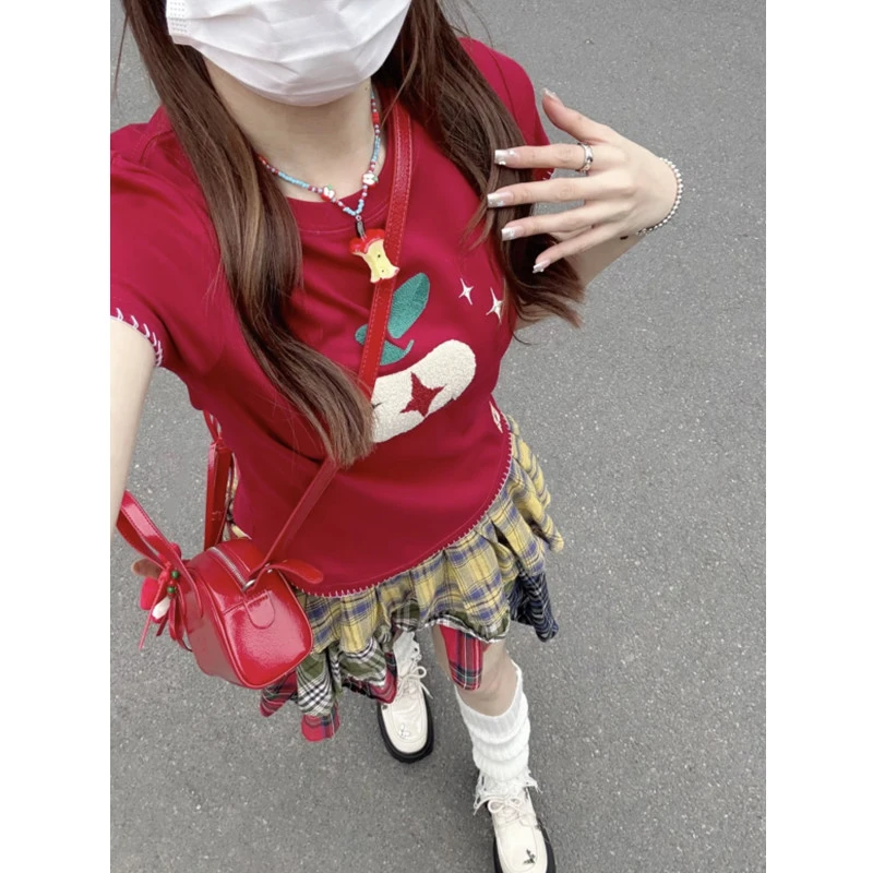 辣妹星星苹果毛巾绣夏季短袖T恤小众复古显瘦设计感韩版休闲时尚
