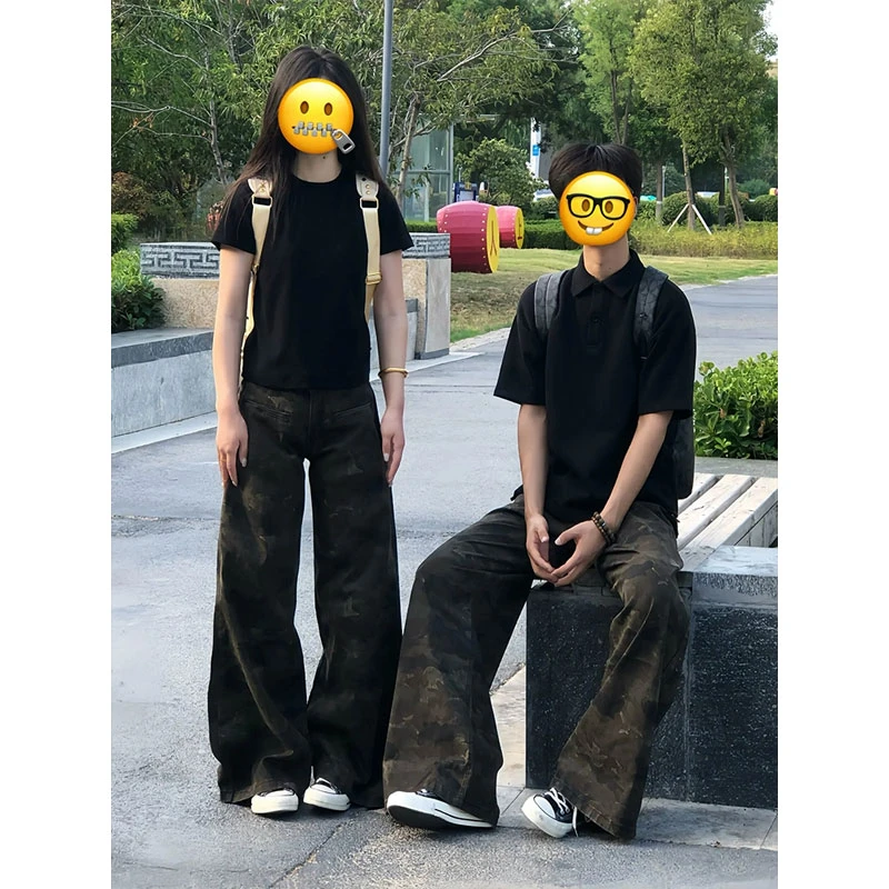 美式复古宽松阔腿迷彩裤男女高腰直筒弯刀牛仔裤cleanfit微喇裤子