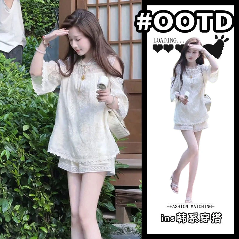 高端精致气质蕾丝露肩上衣高腰短裤女装2025夏季新款独特绝美套装