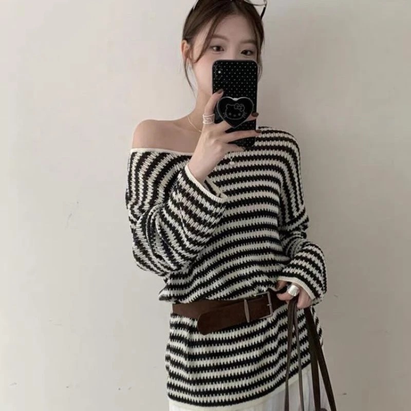 羔羊绒2025秋季新款时尚百搭圆领长袖条纹针织衫慵懒宽松上衣女潮