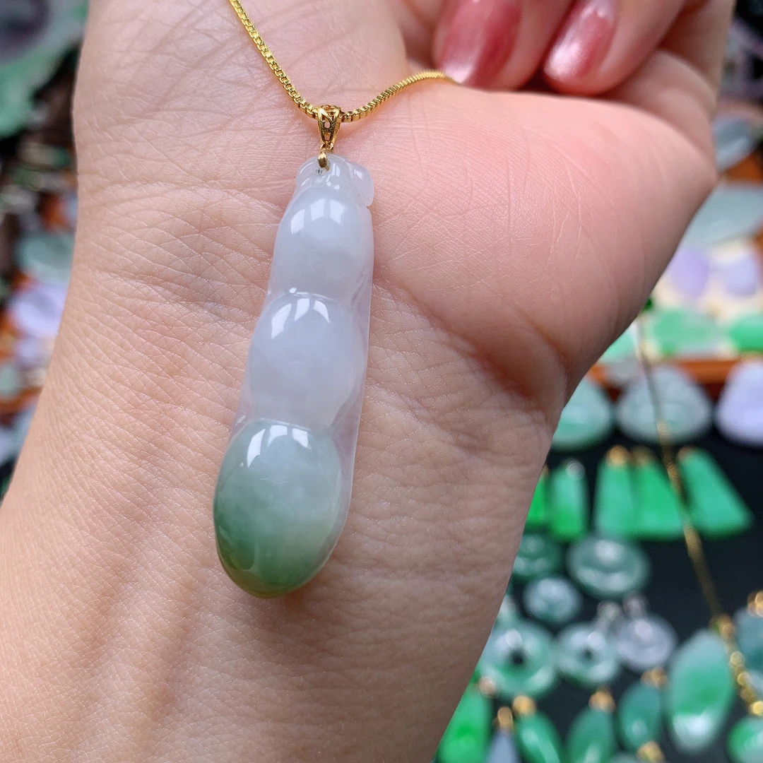 缅甸天然A货翡翠，飘黄翡福豆，编号148/1212尺39.8-11.7-6.3