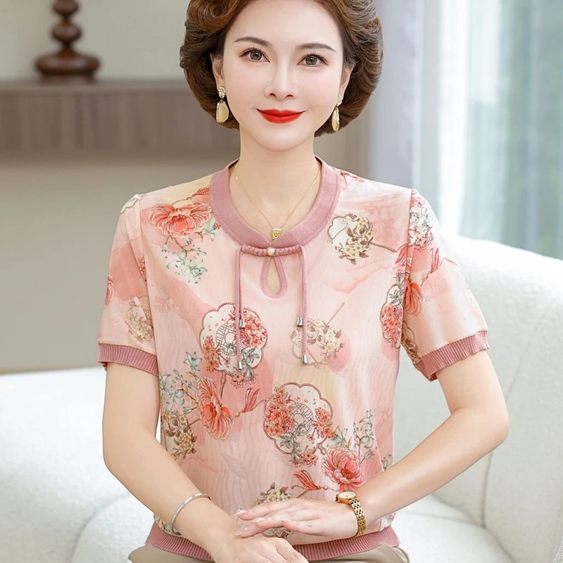 妈妈夏装短袖新中式雪纺上衣2025新款母亲衣服中老年冰丝T恤小衫