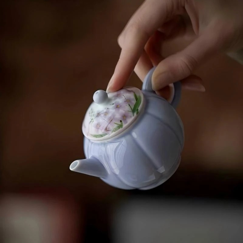 【紫罗兰】一念方知 木槿紫南瓜壶 纯手绘釉下彩家用茶具陶瓷茶壶