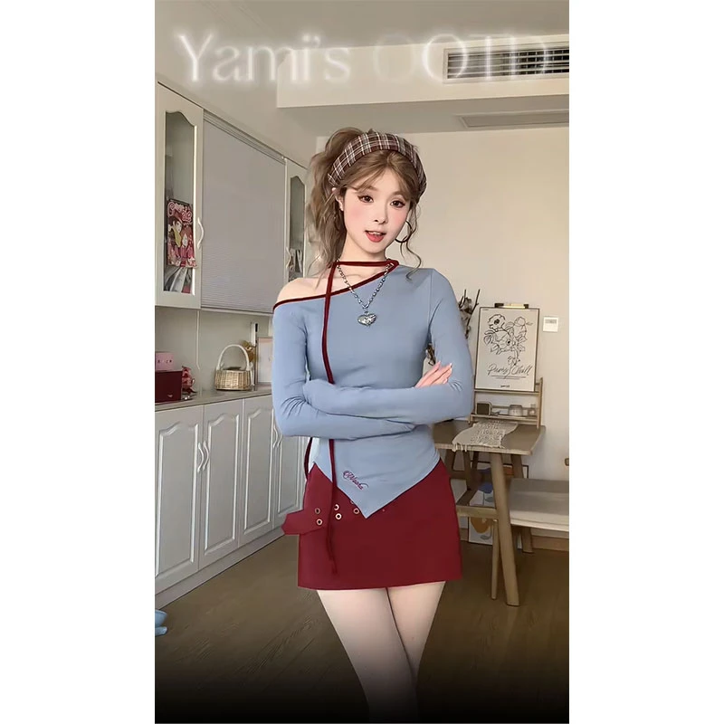 春季新款设计感不规则撞色斜肩上衣配时尚辣妹A字半身裙两件套女