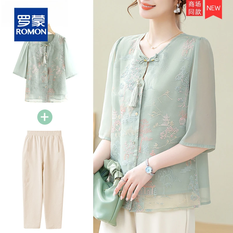年轻妈妈秋装套装新中式国风雪纺衫洋气中老年女装春秋季短袖上衣