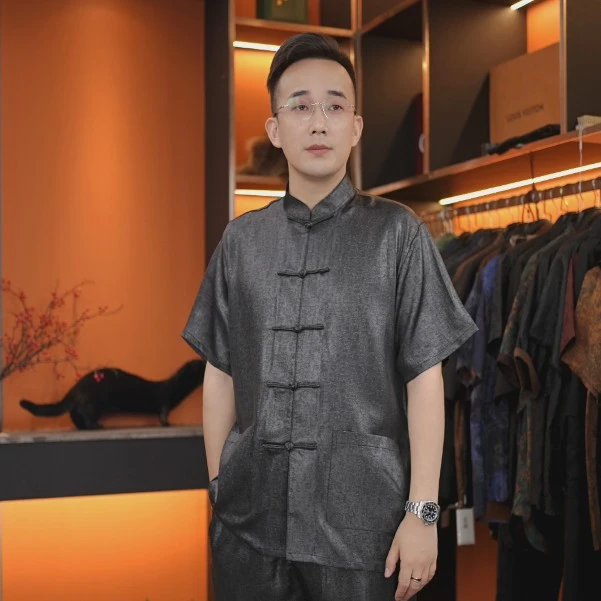 重磅缎面香云纱蚕丝唐装复古中国风男士半袖真丝男装