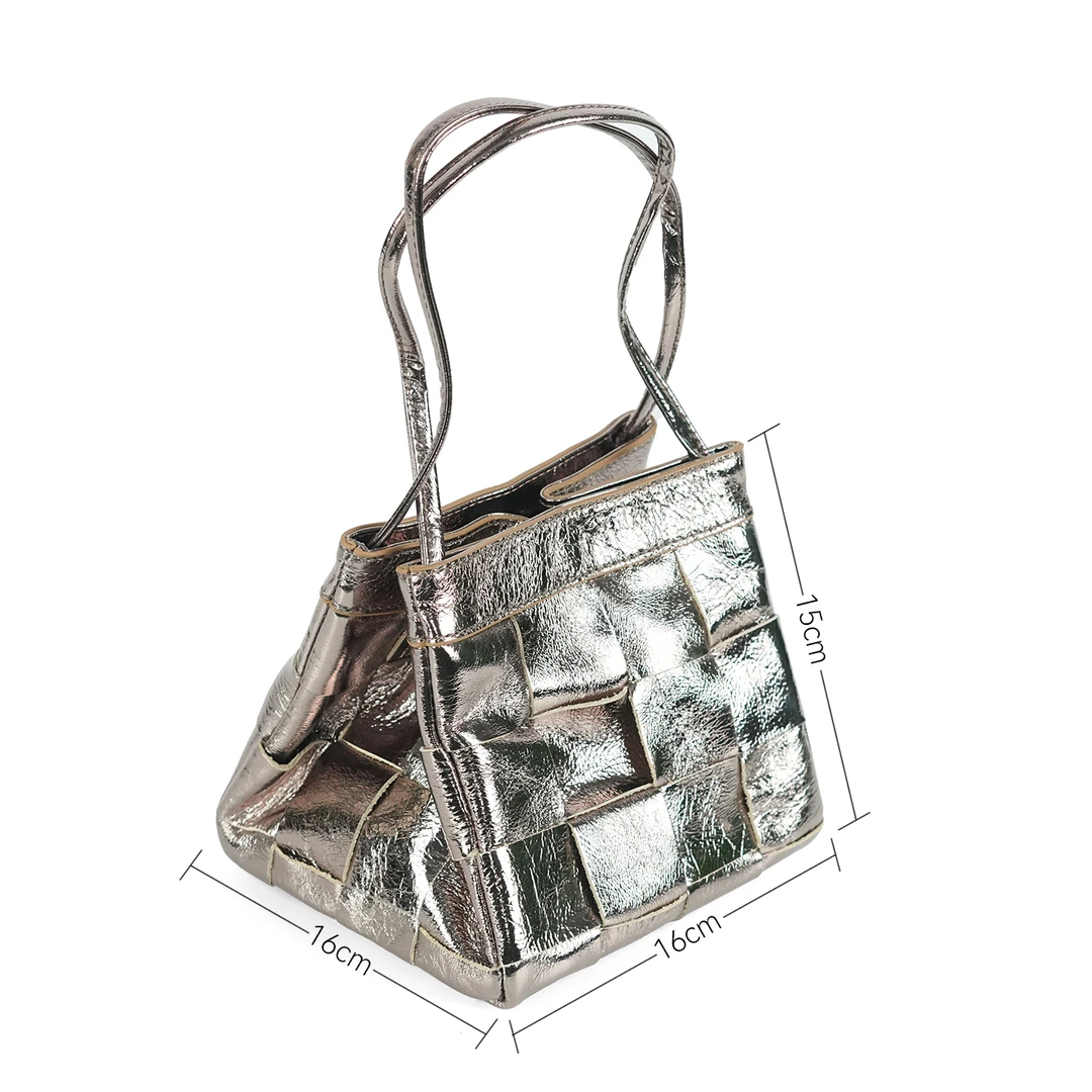 ERZ墨小墨|头层油蜡皮编织菜篮子女包轻奢时尚银色手提包 9356-13