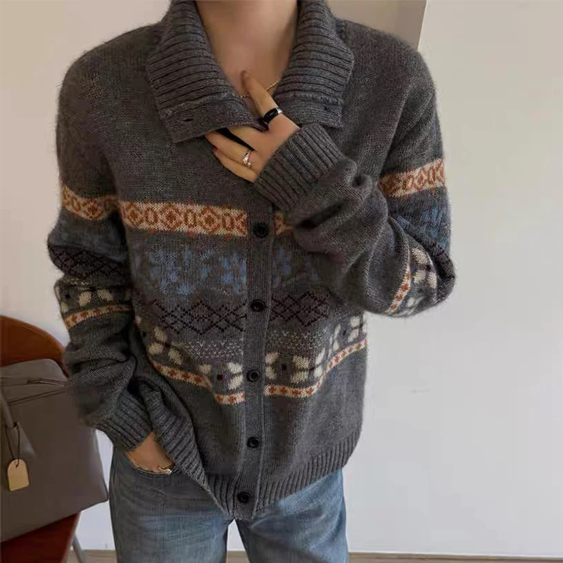 「小兰花」长袖提花加厚拼色撞色复古女装百搭秋冬毛衣外套-9634