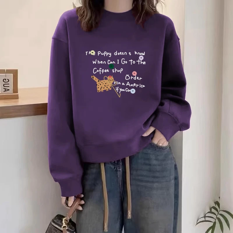 多巴胺圆领套头打底衫加绒加厚卫衣女2025春秋季新款宽松韩版外套