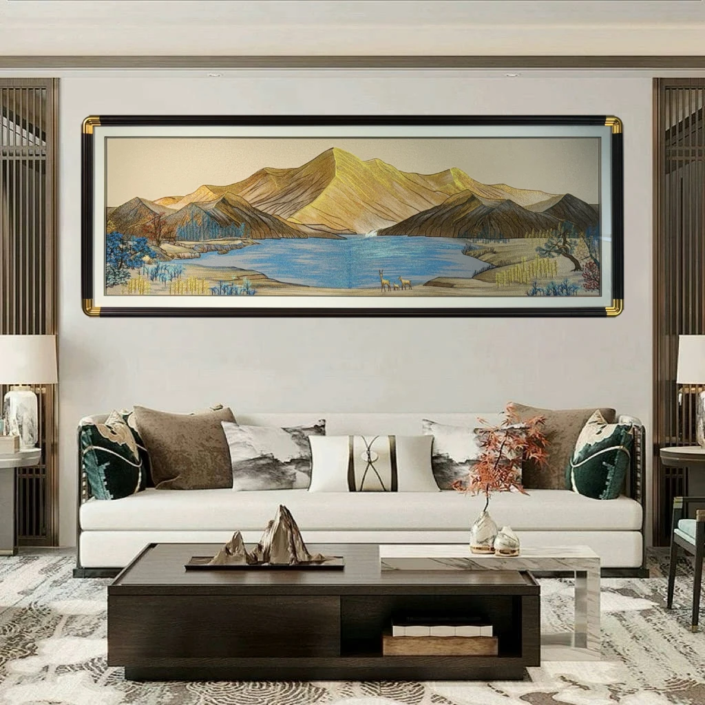 苏绣织锦绣背靠金山聚宝盆挂画刺绣山水画客厅沙发背景墙装饰画