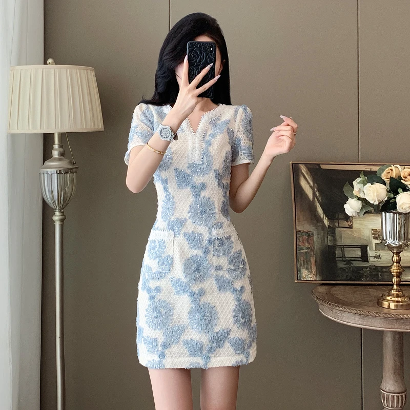 法式小香风复古提花连衣裙女夏季新款高级感度假风气质收腰短裙子