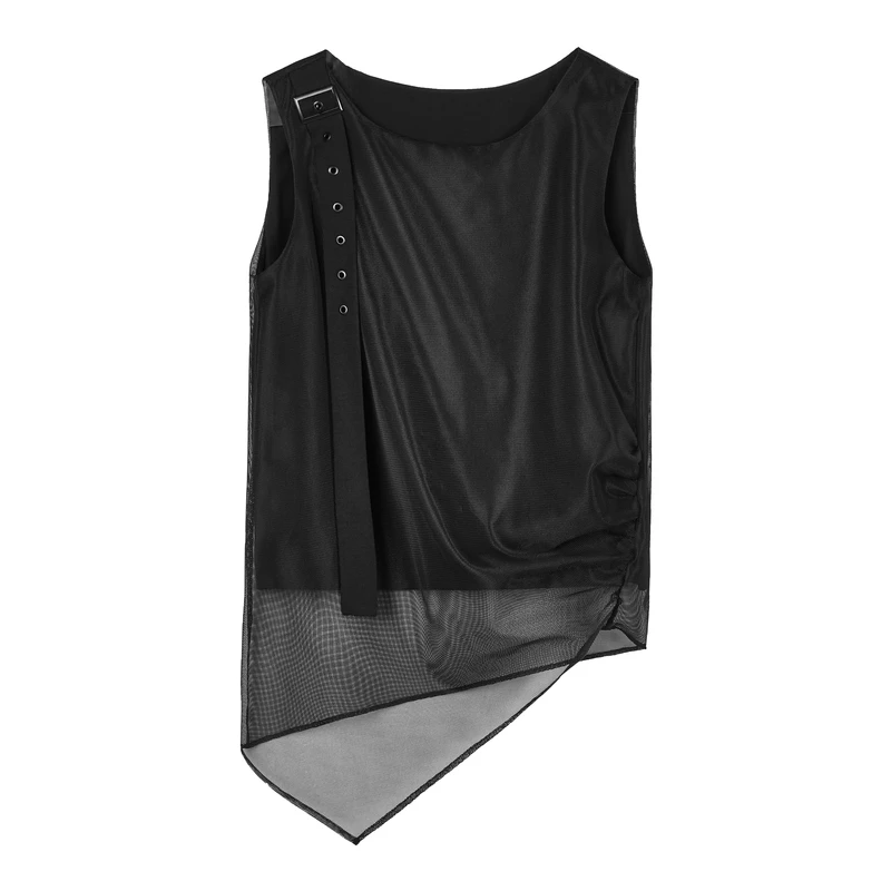 圣迪奥女装夏季时尚休闲网纱纯色百搭拼接无袖T恤S20280305