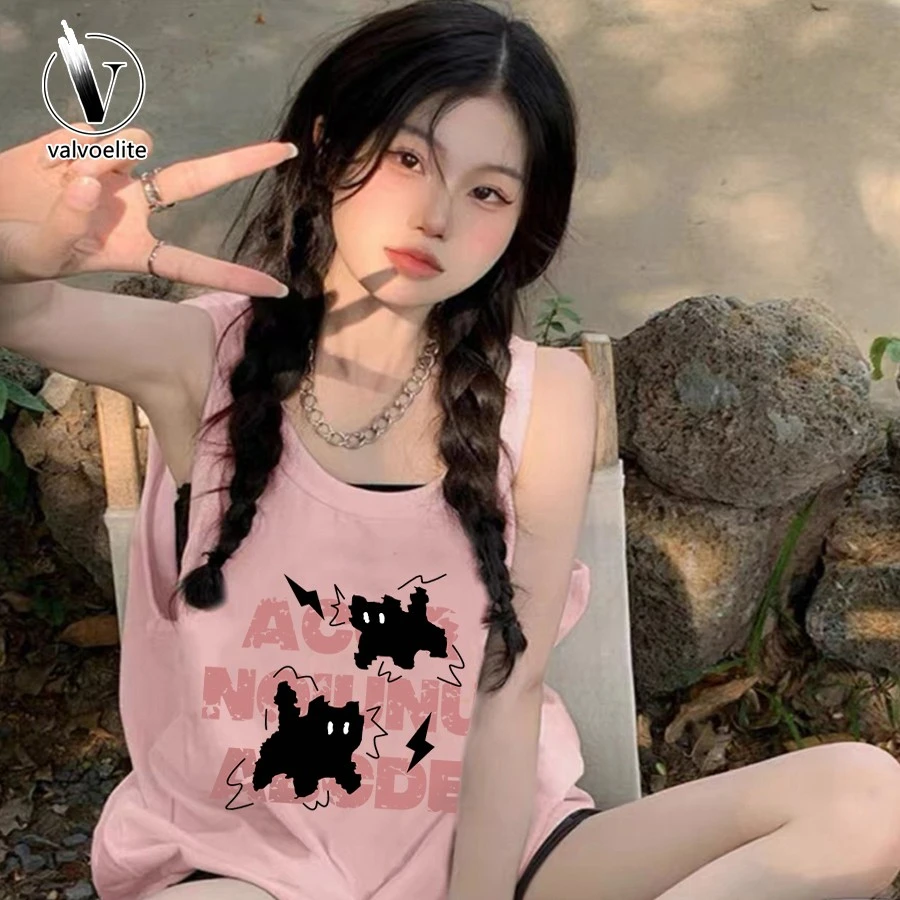 VALVOELITE粉色吊带背心女新款宽松显瘦t恤夏季美式无袖上衣坎肩