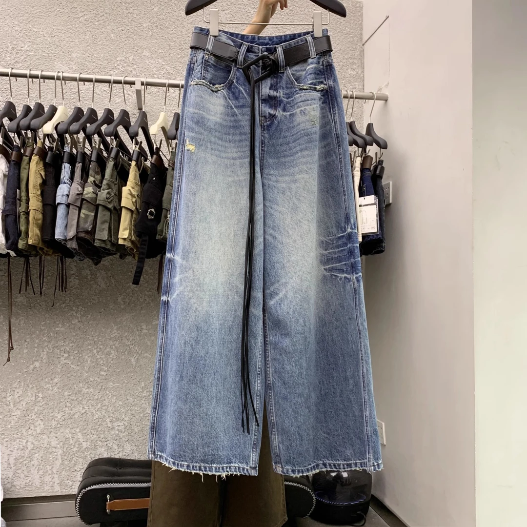 欧版街头宽松显瘦阔腿裤2025秋季新款复古洋气百搭洗水棉牛仔裤女