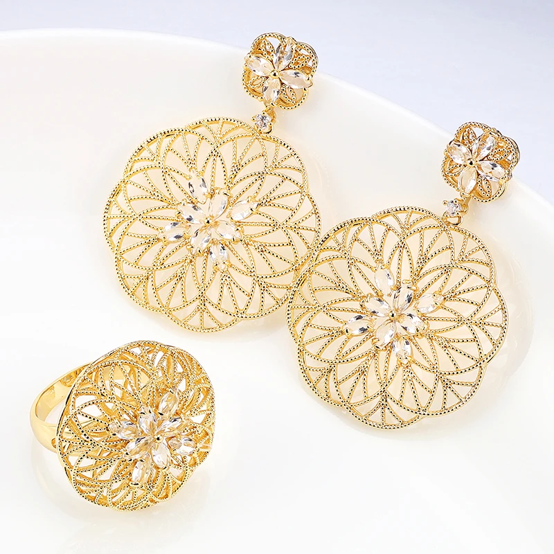 黄铜锆石耳饰 巴西珠宝套装耳环戒指气质优雅金色婚礼配饰微镶