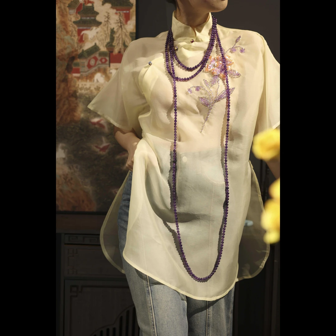 【夏烟雨】夏季轻奢新中式短袖真丝重工钉珠气质时尚优雅女士上衣